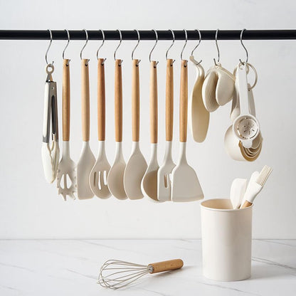 Silicone Cooking Utensils Set, 33PCS Kitchen Gadgets Tools with wooden Handle, Spoons, Spatulas, Whisk, Dishwasher Safe (Cream White, Set of 33)