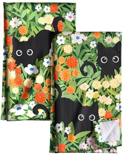 Cotton Kitchen Towels Set of 2, 16x26 Inch, Black Cats | Soft & Absorbent, Hanging Loop, Quick Dry Hand Towel, Cute Dish Towel, Decorative Terry Cloth Tea Towel, Housewarming Gift - color: Black Cats