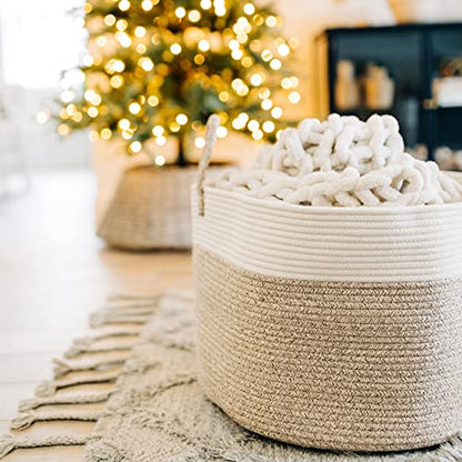 OrganiHaus Round Toy Basket & Blanket Basket, Cotton Rope 20x13" | Brown / Off-White - Round Cotton Rope Basket, 20x13" - color: Brown / Off-White, size: Wide