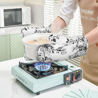 Black and White Eucalyptus Oven Mitts and Pot Holders Set, 4pcs Silicone Grey Watercolor Plant Leaves Oven Glove for Kitchen Heat Resistant Oven Mitts and Potholders Non-Slip for Cooking - color: Black White