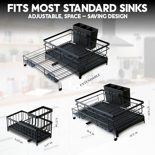 2 IN 1 Expandable Dish Drying Rack plus Sponge Organizer, Stainless Steel Drying Rack with Drainer Plate, Kitchen Countertop Organizer Space Saving Utensil Holder, Scratch Resistant and Rust-Proof