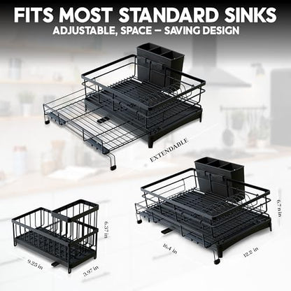 2 IN 1 Expandable Dish Drying Rack plus Sponge Organizer, Stainless Steel Drying Rack with Drainer Plate, Kitchen Countertop Organizer Space Saving Utensil Holder, Scratch Resistant and Rust-Proof