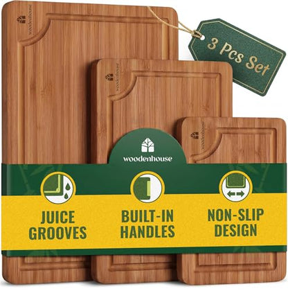 Wooden Cutting Board Set of 3 – Bamboo Wood Cutting Boards for Kitchen | with Deep Juice Grooves & Built-In Handles – Large, Non-Toxic, Easy to Clean Chopping Boards for Meat, Vegetables & Fruits