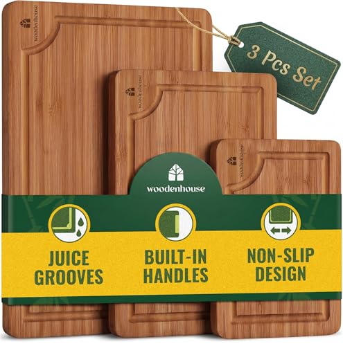Wooden Cutting Board Set of 3 – Bamboo Wood Cutting Boards for Kitchen | with Deep Juice Grooves & Built-In Handles – Large, Non-Toxic, Easy to Clean Chopping Boards for Meat, Vegetables & Fruits
