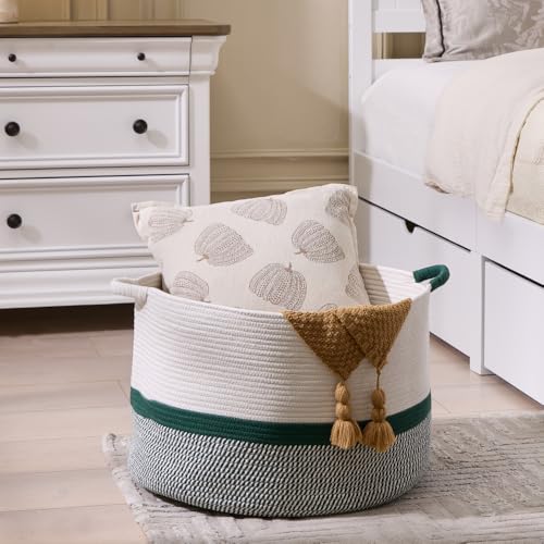 Extra Large Nursery Storage Basket, 20 x 20 x 13.8 inches - 100% Cotton Rope Baskets with Handles, Blanket Basket for Toys, Blankets & Pillows (Green) - color: Green