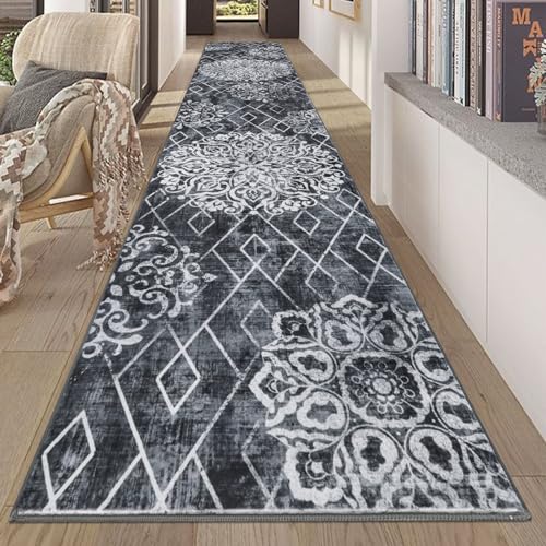 HEBE Hallway Runner Rug 2'8''x14', Washable Non Slip Kitchen Rug Runner | Soft Boho Bedroom Runner Rug, Vintage Distressed Low-Pile Floor Carpet Runners for Hallway, Entrance, Bathroom, Laundry - color: Black/Grey, size: 2'8" x 14' (Rectangular)