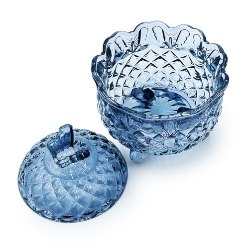 Crystal Glass Candy Snack Barrel Storage Jar Embossed Luxury Cookie Buffet Canister With Lids Jewelry Box Jar Biscuit Containers（Butterfly-Gray-Blue） - color: Butterfly-Gray-Blue