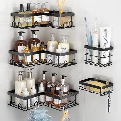 Liuoud Corner Shower Caddy 5 Pack Adhesive Stainless Steel Organizer Black | Shower Shelves with Soap Rack Toothbrush Holder, Large Capacity No Drilling Bathroom Accessory Home Decor Set - color: Black
