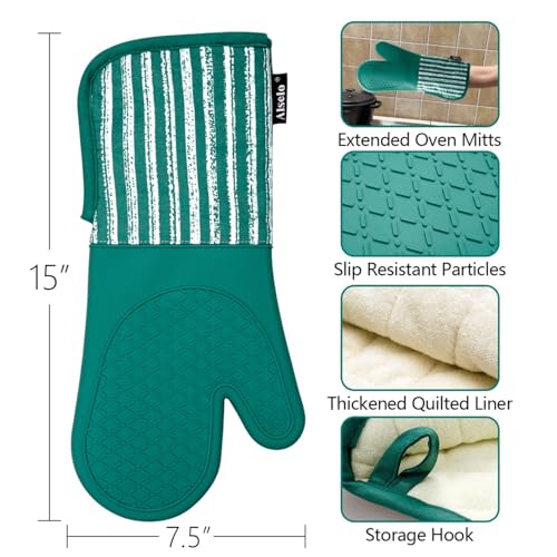 Alselo Silicone Oven Mitts Heat Resistant 932℉ with Waterproof & Non-Slip | Kitchen Mittens Set of 2,Extra Long 7.5"x15" Gloves with Soft Cotton Terry Lining for Baking Cooking BBQ (Emerald Green,2) - color: Emerald Green