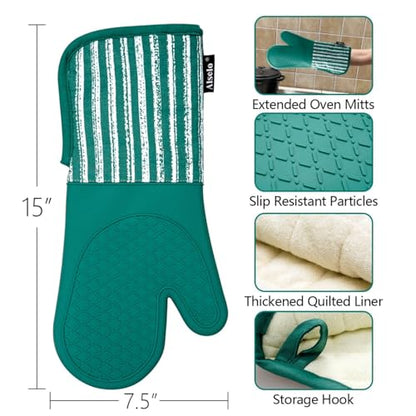 Alselo Silicone Oven Mitts Heat Resistant 932℉ with Waterproof & Non-Slip | Kitchen Mittens Set of 2,Extra Long 7.5"x15" Gloves with Soft Cotton Terry Lining for Baking Cooking BBQ (Emerald Green,2) - color: Emerald Green
