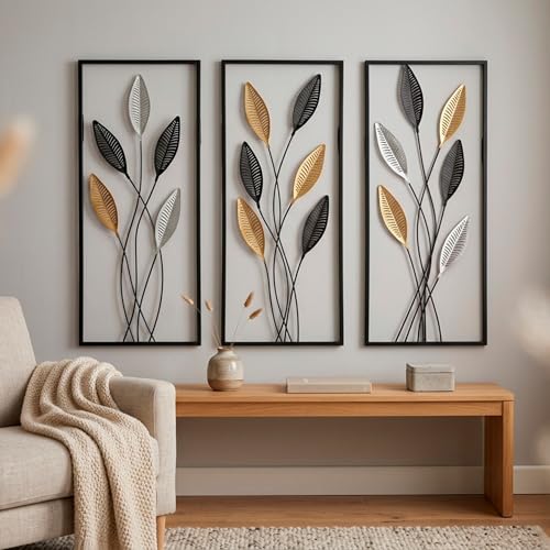 Large Framed Tree of Life Metal Wall Art Set of 3 – Modern Minimalist Black Metal Wall Decor for Living Room, Bedroom & Office – Luxury Accent Wall Panels for Above Bed (Each Panel 11.8 x 27.5 In)