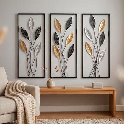 Large Framed Tree of Life Metal Wall Art Set of 3 – Modern Minimalist Black Metal Wall Decor for Living Room, Bedroom & Office – Luxury Accent Wall Panels for Above Bed (Each Panel 11.8 x 27.5 In)