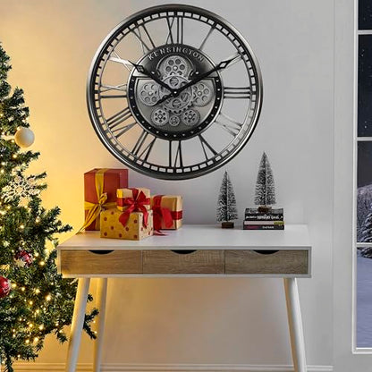 21" Metal Roman Numeral Wall Clock with Moving Gears,Gunmetal | SIilent Non Ticking, Aluminum Dial, Unique Modern Wall Clocks for Living Room, Dinning Room, Entryway & Home Office - color: Roman Gunmetal, size: 21"