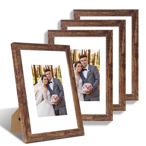 Hongkee 8x12 Picture Frame Set of 4, Made of Glass and Rustic Brown Wooden Frame - Display 6x8 Picture with Mat or 8 x 12 Poster Without Mat, 8 by 12 Photo for Wall or Tabletop - color: Rustic Brown, size: 8x12 in