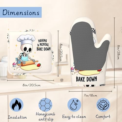 Oven Mitts and Pot Holders Sets,Cute Skeleton Thick Cotton Kitchen Oven Mitt Set,Funny Bake Waterproof Anti-Slip Silicone Mittens for Baking,Cute Cooking Utensils Set for Bakeries Barbecues - color: Cute Skeleton