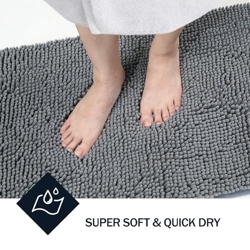 LINLA Bathroom Rugs Sets 2 Piece, Absorbent Soft Chenille Bath Mat, Grey | Non-Slip ,Quick Dry, Washable, Carpet Mats for Floor, Tub and Shower,32" x 20"/24" x 17" - color: Grey-grey