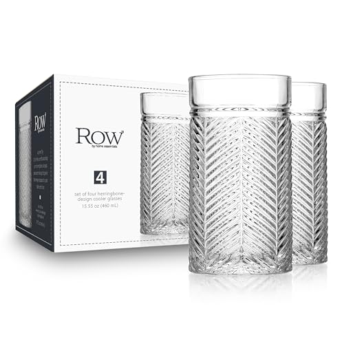 Highball Glasses Set of 4 Herringbone, 15.5 oz Tall Drinking Glasses, Elegant Textured Premium Glassware Tumblers for Water, Juice, Cocktails, Everyday use Vintage Style Beverage Glass Set