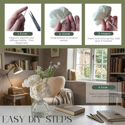 6pcs White 3" Peony Brides Dream Sola Wood Flower Diffuser with Reed Sticks for Home Fragrance Essential Oil DIY Decor