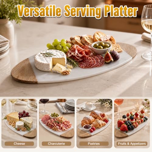 Creative Home Luxury Taj Mahal Natural Marble & Solid Wood Trim Cheese Board, Handcrafted Serving Platter with Cool Surface for Charcuterie, Pastries - KITCHEN ESSENTIAL Gift