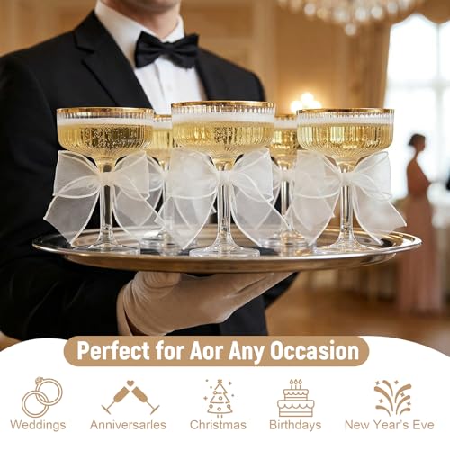 Set of 24 Plastic Champagne Coupe Glasses with Bow 7 oz Gold Champagne Tower Set Stackable Acrylic Ribbed Martini Glasses Cocktail Coupe Cup for Wedding Birthday Party Bar(Organza,White) - color: White, style: Organza