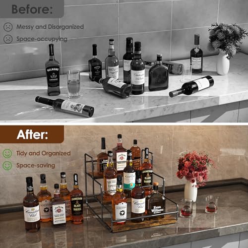 Nuovoware Liquor Bottle Display Shelf, 3 Step, Black | Wine Rack, Countertop Liquor Shelf, Mini Bar Liquor Cabinet Kitchen Coffee Bar Shelf Stand for Whiskey