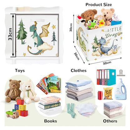 Clastyle 11.8" Dinosaur Storage Basket Set of 3 for Kid Boy Toy Clothes Bin | Collapsible Fabric Book Bin, Metal Frame Bottom Board, Cube Organizer, Closet Nursery Pantry Shelf Bedroom, Boho Dragon - color: Dragon