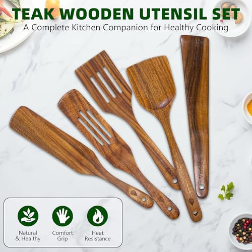 5 Pcs Teak Wooden Utensil Set, Wooden Spoons for Cooking | Non-Toxic & Nonstick Safe Kitchen Utensil, Durable Comfort Grip, Heat Resistant Wood Spatula Set - size: 5 Pieces Set
