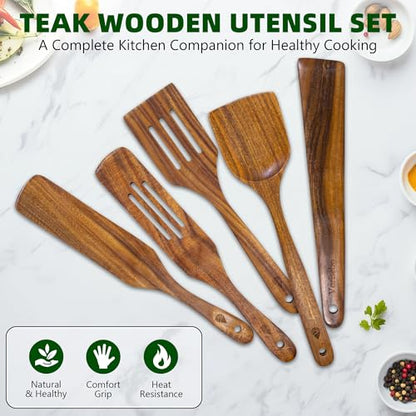 5 Pcs Teak Wooden Utensil Set, Wooden Spoons for Cooking | Non-Toxic & Nonstick Safe Kitchen Utensil, Durable Comfort Grip, Heat Resistant Wood Spatula Set - size: 5 Pieces Set