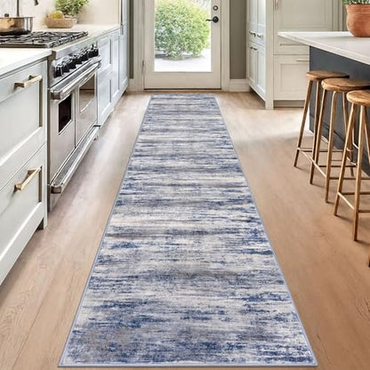 KOZYFLY Modern Abstract Hallway Runner, 2x12 Washable Rug Runner Non-Slip Soft Striped Kitchen Runner Rug, Grey Blue Print Carpet for Entryway Bathroom Laundry Room Foyer - color: Blue-grey, size: 2' x 12' (Runner)