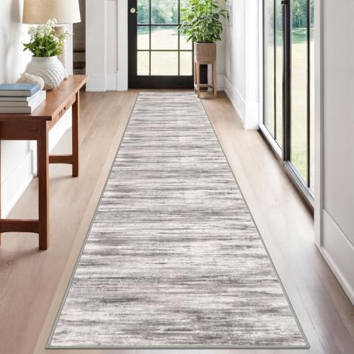 KOZYFLY Modern Abstract Hallway Runner, 2x12 Washable Rug Runner Non-Slip Soft Striped Kitchen Runner Rug, Grey/Light Beige/Brown Print Carpet for Entryway Bathroom - color: Grey/Light Beige/Brown, size: 2' x 12' (Runner)