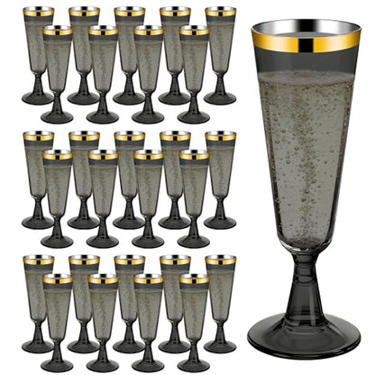 200 Pack Plastic Champagne Flutes Black, Disposable Plastic Champagne Glasses with Gold Rim, Wine Glasses Cups for Wedding Celebration Birthday Party Wine Tasting New Years Eve Party Supplies - color: Gold Rim Black, size: 200-Pack