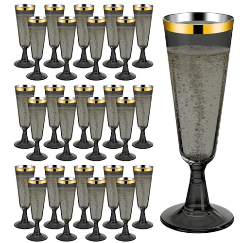 200 Pack Plastic Champagne Flutes Black, Disposable Plastic Champagne Glasses with Gold Rim, Wine Glasses Cups for Wedding Celebration Birthday Party Wine Tasting New Years Eve Party Supplies - color: Gold Rim Black, size: 200-Pack
