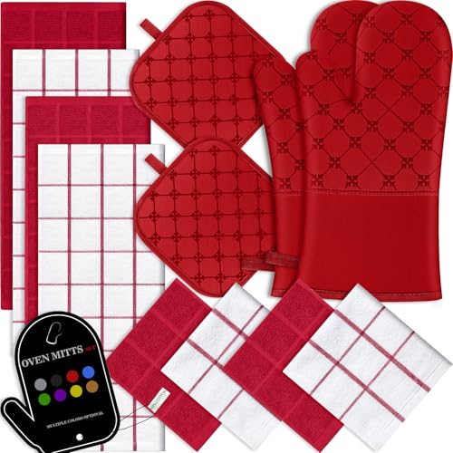 Oven Mitts Kitchen Towels Dishcloths with Pot Holders Sets 12PCS, Dish Towels Sets, Oven Gloves Pot Pads Heat Resistant 500 Degrees with Non-Slip Silicone Surface for Cooking Baking Grilling Red - color: Red
