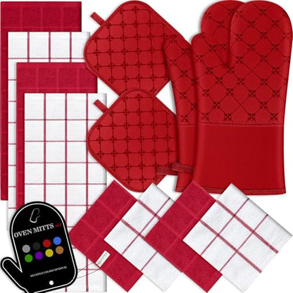 Oven Mitts Kitchen Towels Dishcloths with Pot Holders Sets 12PCS, Dish Towels Sets, Oven Gloves Pot Pads Heat Resistant 500 Degrees with Non-Slip Silicone Surface for Cooking Baking Grilling Red - color: Red
