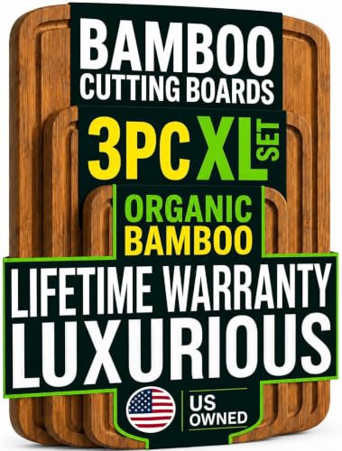 LUXURIOUS Bamboo Cutting Board 3-Piece Set with Carbonized Vertical Grain Strength Technology - Extra Large Wooden Cutting Boards for Kitchen with Deep Juice Grooves - Lifetime Replacements - color: Carbonized Dark Brown