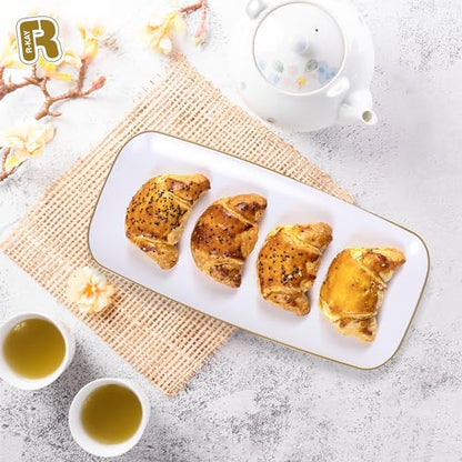 R-kay 4 Pack Gold Rim Plastic Serving Trays - 10 by 5.5 in Heavy Duty Rectangular Platters for Food and Desserts - Premium White Party Trays - color: White And Gold, size: 10 Inch