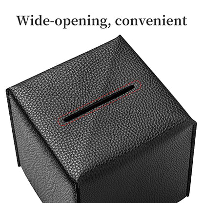 REGELETO Square Tissue Box Cover, Pu Leather Tissue Box Holder with Bottom Belt Modern Stylish Tissue Box Organizer for Bathroom, Bedroom, Hotel, Office Desk 5"X5"X5" (Black) - color: Single Black