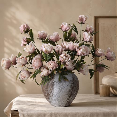 8 Pcs Artificial Peony Flowers, Faux Silk Peonies Stems with Distressed Leaves, Fade Resistant Floral Branches for Vase, DIY Bouquet, Home Decor Indoor Outdoor Wedding Table Centerpiece (Light Pink) - color: Light Pink