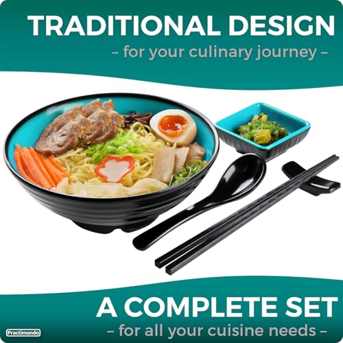 Unbreakable Ramen Bowl Set with Chopsticks and Spoon: 2 large Japanese Style Melamine Ramen Bowls, Dipping Bowls and Chopstick Stands for Asian Pho Soup Thai Miso Udon Wonton (2 Bowl Set, Teal-Black) - color: Teal & Black, size: 2 Bowl Set