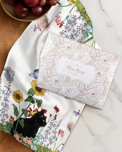 2pcs Cotton Waffle Kitchen Towels, Cat in Flowers | Waffle Weave, Terry Cloth, Pure Cotton, Sustainable, 16"x26", Highly Absorbent, with Hanging Loop, Giftable Package - color: Cat in Flowers