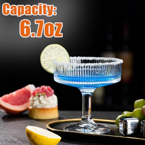 12 Pcs Martini Glasses, 6.7oz Crystal Champagne Tower, Art Deco Ribbed Coupe Glasses, Stem Cocktail Glassware Set, Margarita Cups, Heavy Base Bar Glassware for Martini, Gimlet, Manhattan - style: Ribbed Style