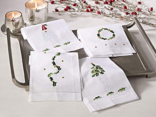 Saro Lifestyle Embroidered Holly Leaf Christmas Tree Design Hemstitched Linen Cotton Guest Towel (Set of 4), White, 14"x22" - color: Holly Leaf Christmas Tree