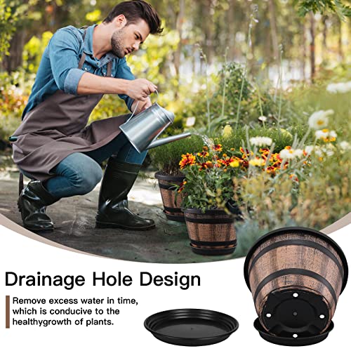 Quarut Plant Pots Set of 4 Pack 12 inch,Large Whiskey Barrel Planters with Drainage Holes & Saucer.Plastic Flower Pots Imitation Wine Barrel Design, for Indoor & Outdoor Garden Home Plants (Brown) - size: 12 inches