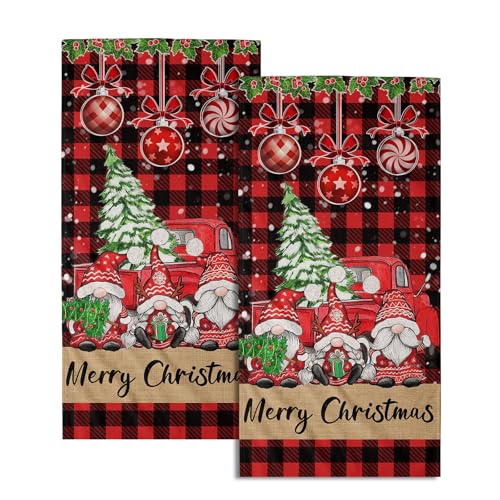 Imiss Merry Christmas Hand Bath Towels 2 Pcs Gnome Truck Xmas Tree Red Black Buffalo Plaid Kitchen Dish Towels for Holiday Decor Bathroom Hotel Gym Spa - color: Merry Christmas