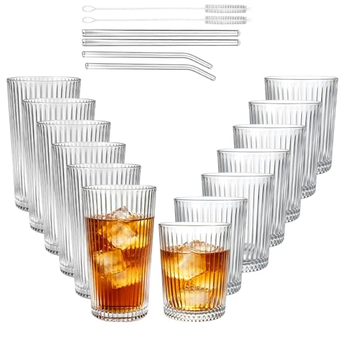 12 Pcs Ribbed Drinking Glasses Set 9 oz 12 oz Clear Ice Coffee Highball Ripple Drinkware Vintage Glassware Ribbed Cocktail Cup for Beverages Bar Home