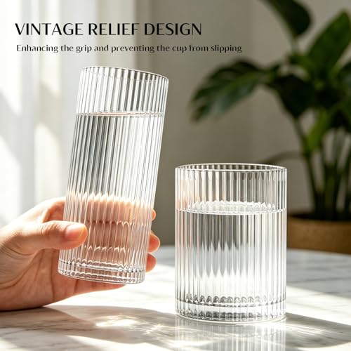 INSETLAN Set of 8 Vintage Glassware - 4 Highball Glasses 12 oz, 4 Rocks Glass Cups 14 oz, Ribbed Glassware Cocktail Glasses, Ideal for Wine, Juice, Water, Ice Coffee Cup, Whiskey, Mixed Drinkware