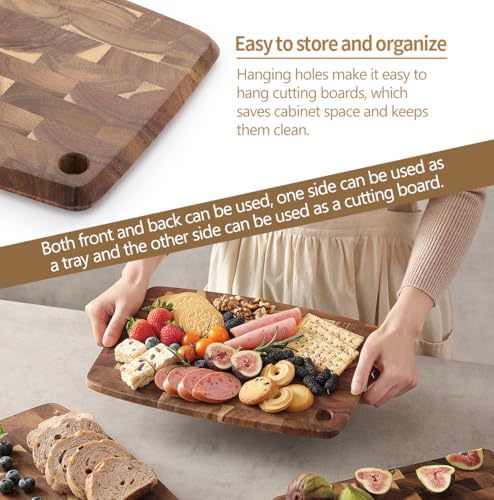 XINZUO Small Acacia Wood End-Grain Kitchen Cutting and Serving Board, for Kitchen, 14" x 9" Reversible Wooden Chopping Board for Meat, Cheese, Fruit & Vegetables,Easy to Clean(Rectangular) - size: 14.1"L x 9.4"W