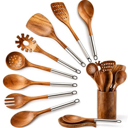 10PCS Teak Wooden Utensils Set With Holder & Spoon Rest, Stainless Handle | Non-scratch, Durable, Non Toxic, Non-Stick, Smooth Finish, Easy to Clean, Comfort Grip, House Warming Gift - size: 10Pcs Set