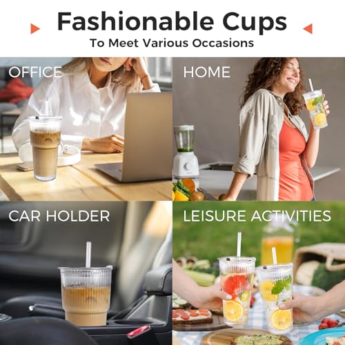 4PCS 20oz Glass Cups with Lids and Straws, Iced Coffee Cups with Lids, Stylish Ribbed Thick Drinking Glasses Tumbler for Juice, Smoothies, Cold Beverages, Cute Cup Gifts with Clean Brush - color: Clear Glass 4PCS