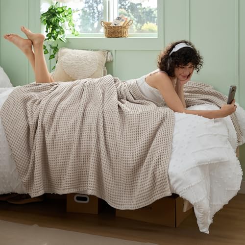 Bedsure Lightweight 100% Cotton Waffle Blanket, Twin XL, Linen | Summer, Breathable, Soft, Light, Thin, Bed, Couch, Sofa, Chair, 66"x90", Sheet Blanket, Dorm Room Essentials, Guys, Girls - color: Linen, size: Twin Xl (66" X 90")